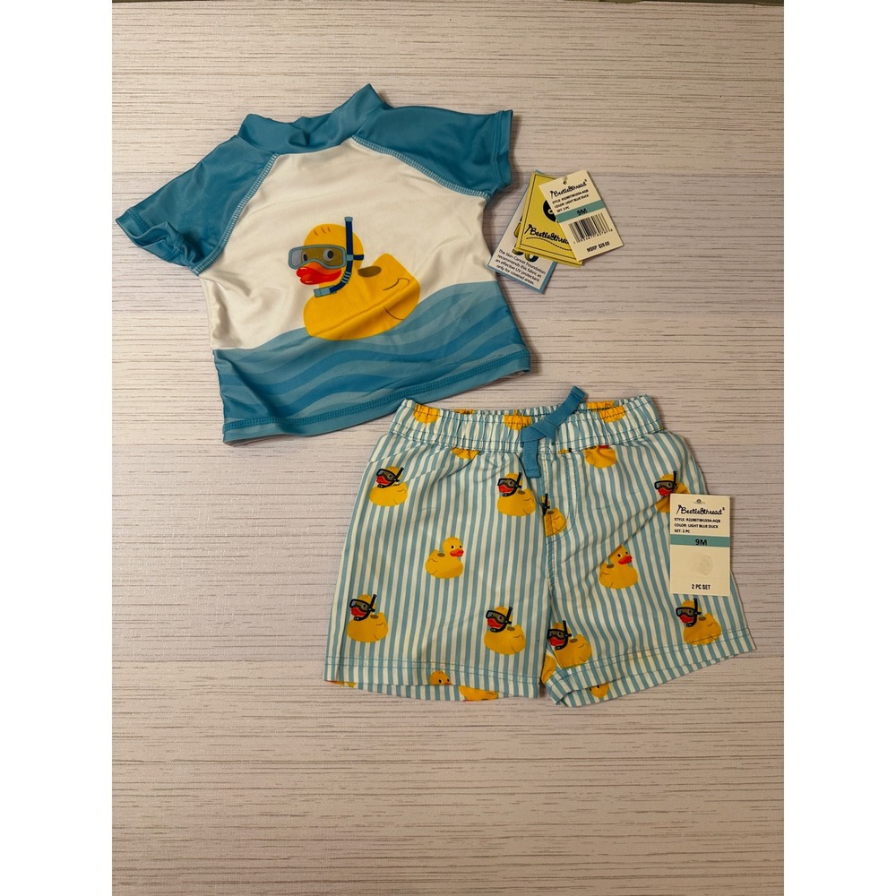 Beetle & Thread Baby Boy 2PC Rash Guard Swim Trunks Set Blue Duck 9M UPF 50+